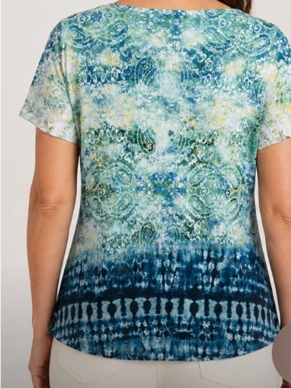 ONE WORLD Blue Green Patterned Scoop Neck Top - Picture 2 of 3